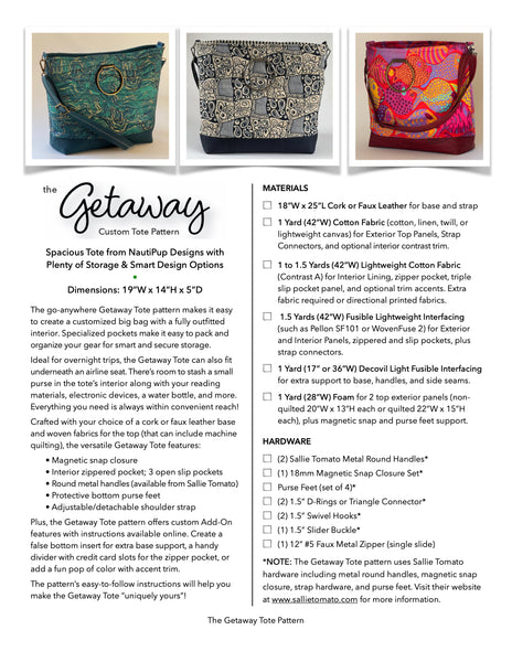 Product page for 'The Getaway' tote pattern with images of tote bags and material list.