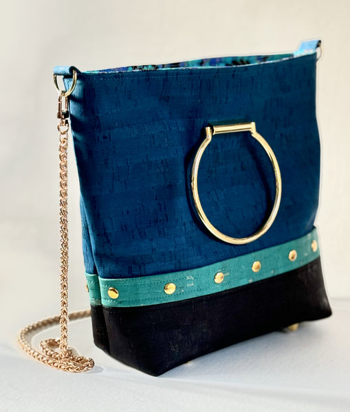 Cork Glam Handbag with Rivet Trim and Detachable Metal Chain Strap