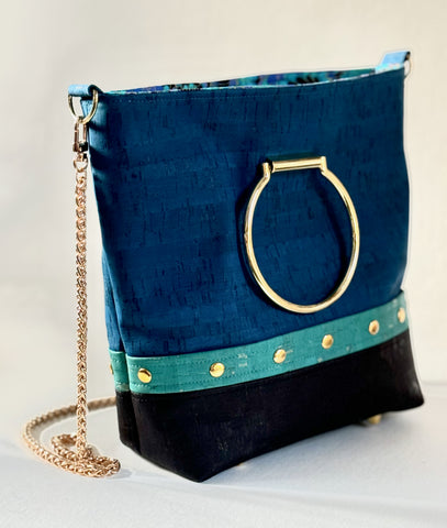 Cork Glam Handbag with Rivet Trim and Detachable Metal Chain Strap
