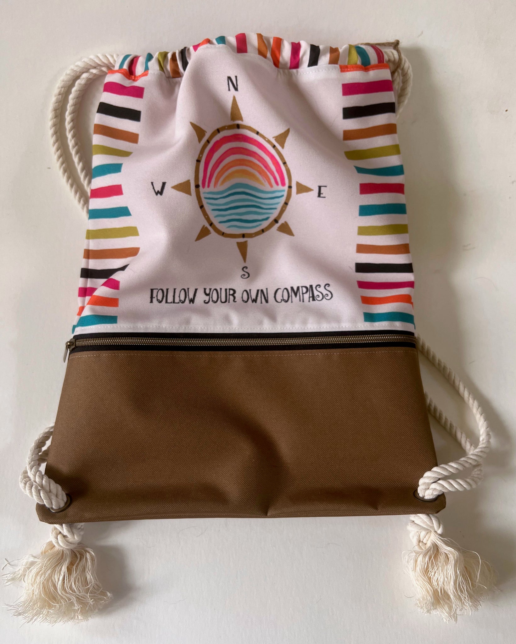 NautiPup "Follow Your Own Compass" Drawstring Bag with Ottertex Zippered Compartment (Extra Large)